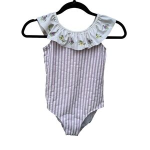 Janie and Jack Purple Striped Floral Ruffle Swimsuit size 10